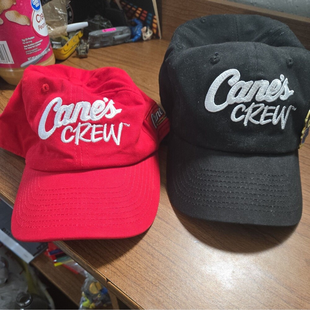 2 Raising Cane's Hats Snap Back Black and Red Back Work Crew Employee + Pin
